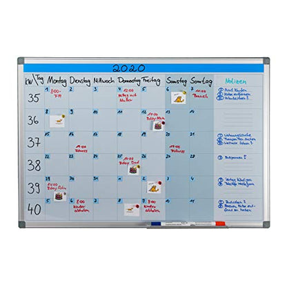 Valkotaulu magneettinen viikkokalenterilla 60 x 90 cm
